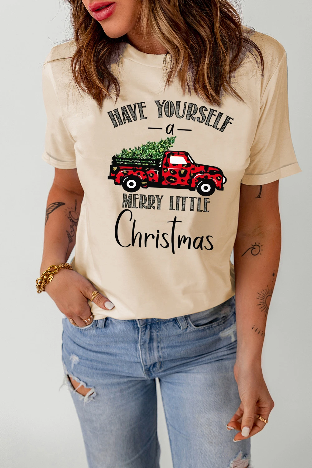 卡其色圣诞树豹纹卡车印花图案 T 恤 LC25218951