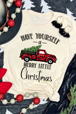 卡其色圣诞树豹纹卡车印花图案 T 恤