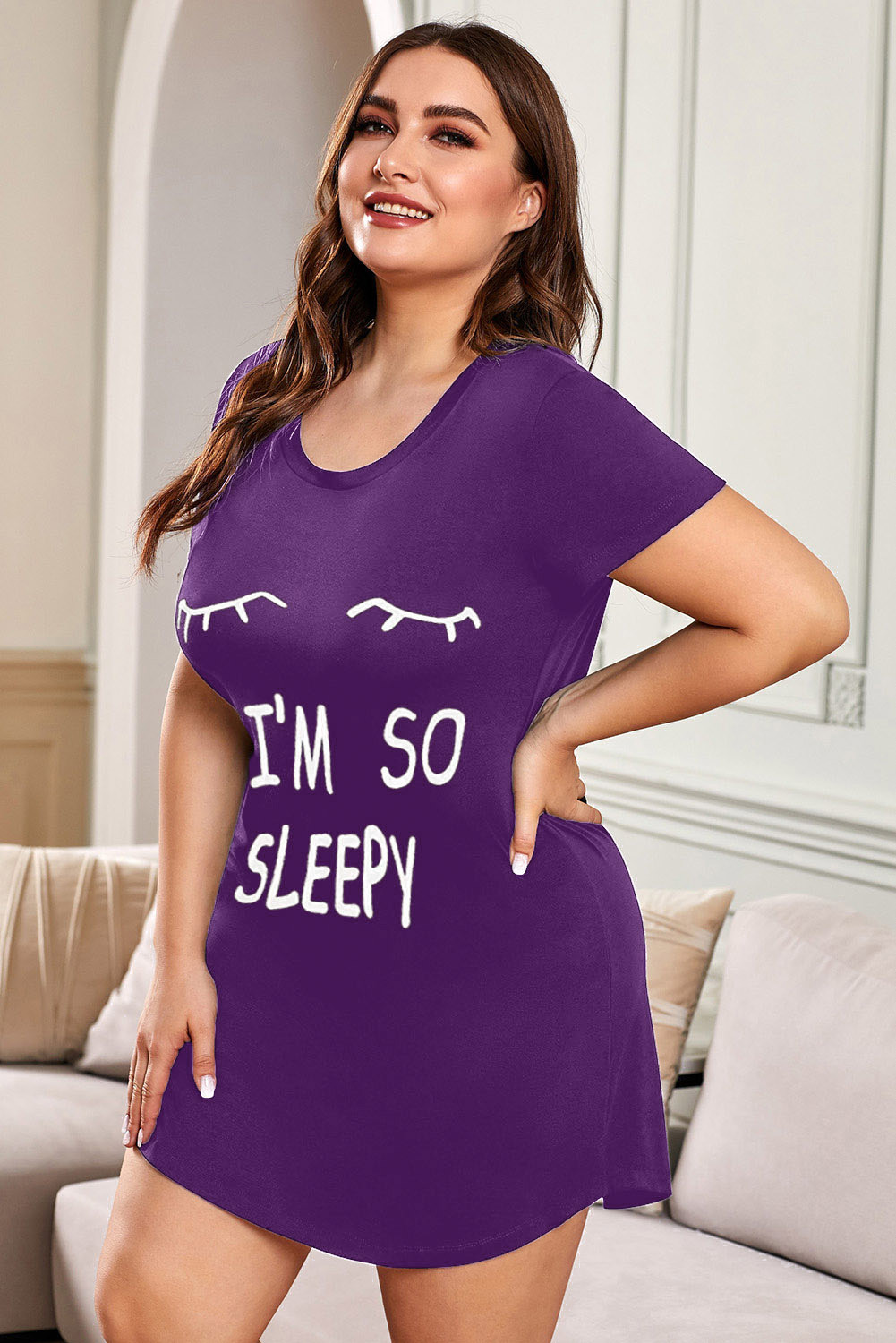 紫色加大码 LET ME SLEEP 图案印花黑色睡衣迷你连衣裙 LC31311