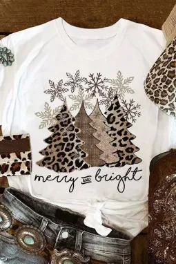 白色豹纹圣诞树图案印花圆领 T 恤