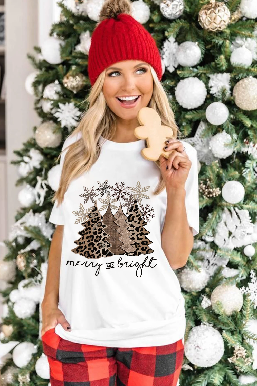 白色豹纹圣诞树图案印花圆领 T 恤 LC25218951