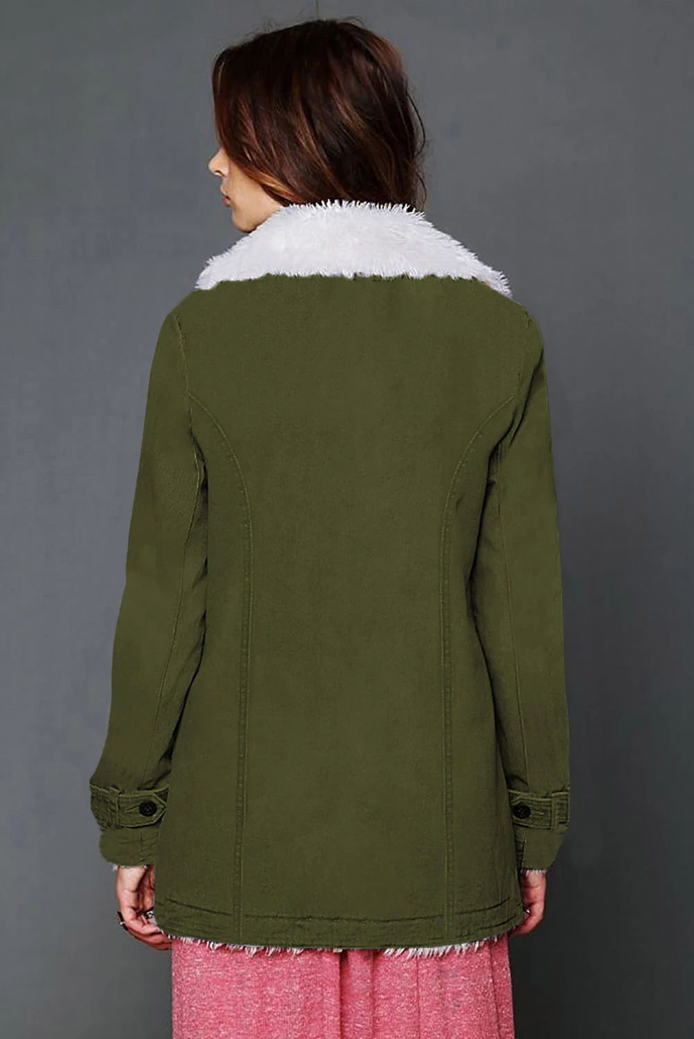 绿色时尚翻领排扣抓绒女士大衣外套 LC8511336