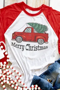 红色圣诞快乐卡车图案印花拼色上衣