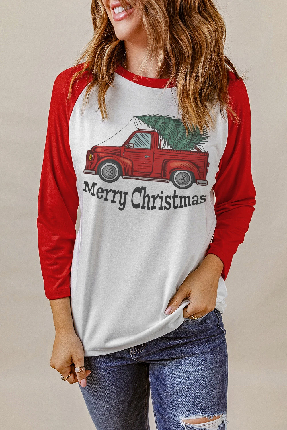 红色圣诞快乐卡车图案印花拼色上衣 LC25116470