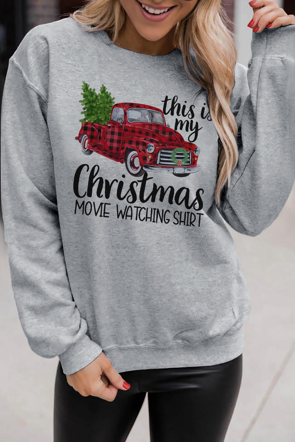 灰色圣诞字母格子汽车图案印花套头衫运动衫 LC25313597