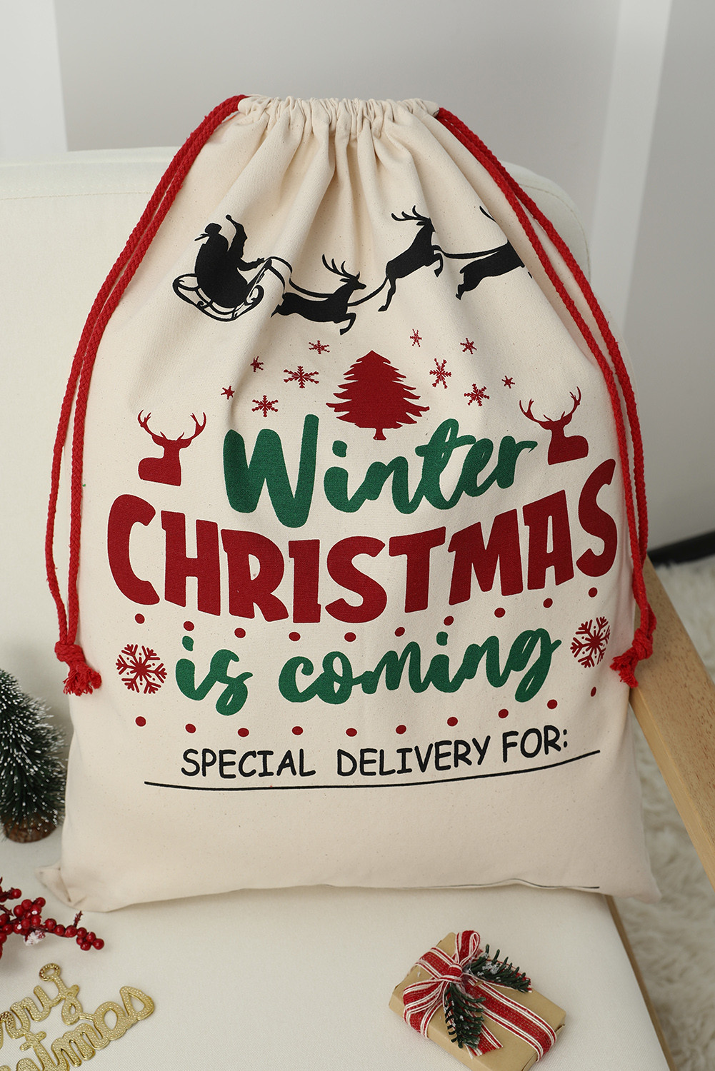 多色圣诞图案印花帆布双抽绳礼品袋 BH03474