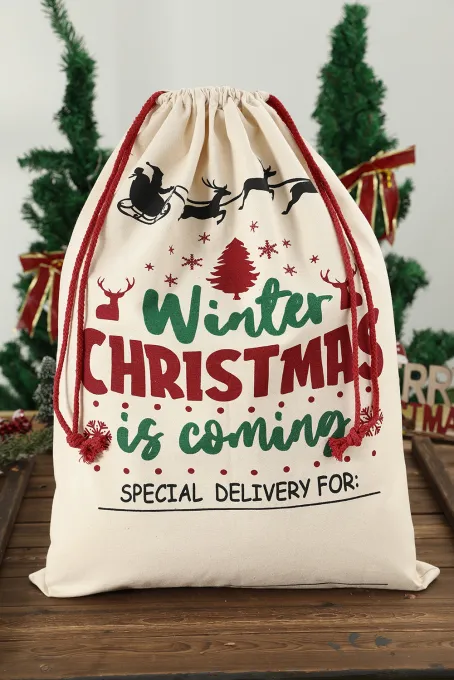 多色圣诞图案印花帆布双抽绳礼品袋