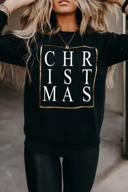 黑色 CHRISTMAS 闪粉印花圆领套头衫