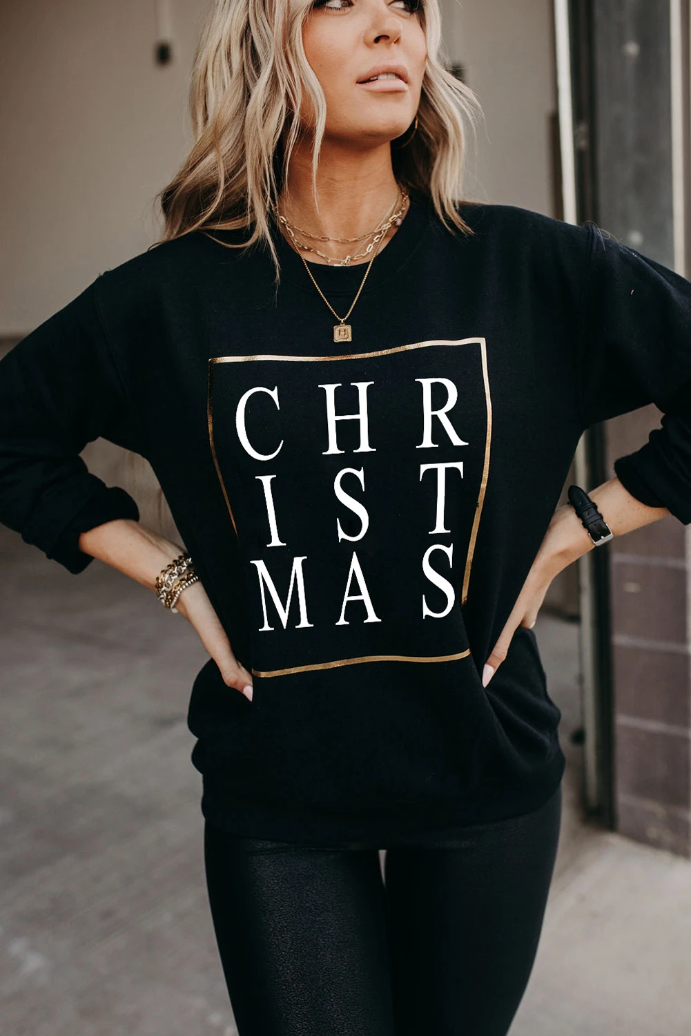 黑色 CHRISTMAS 闪粉印花圆领套头衫 LC25313597