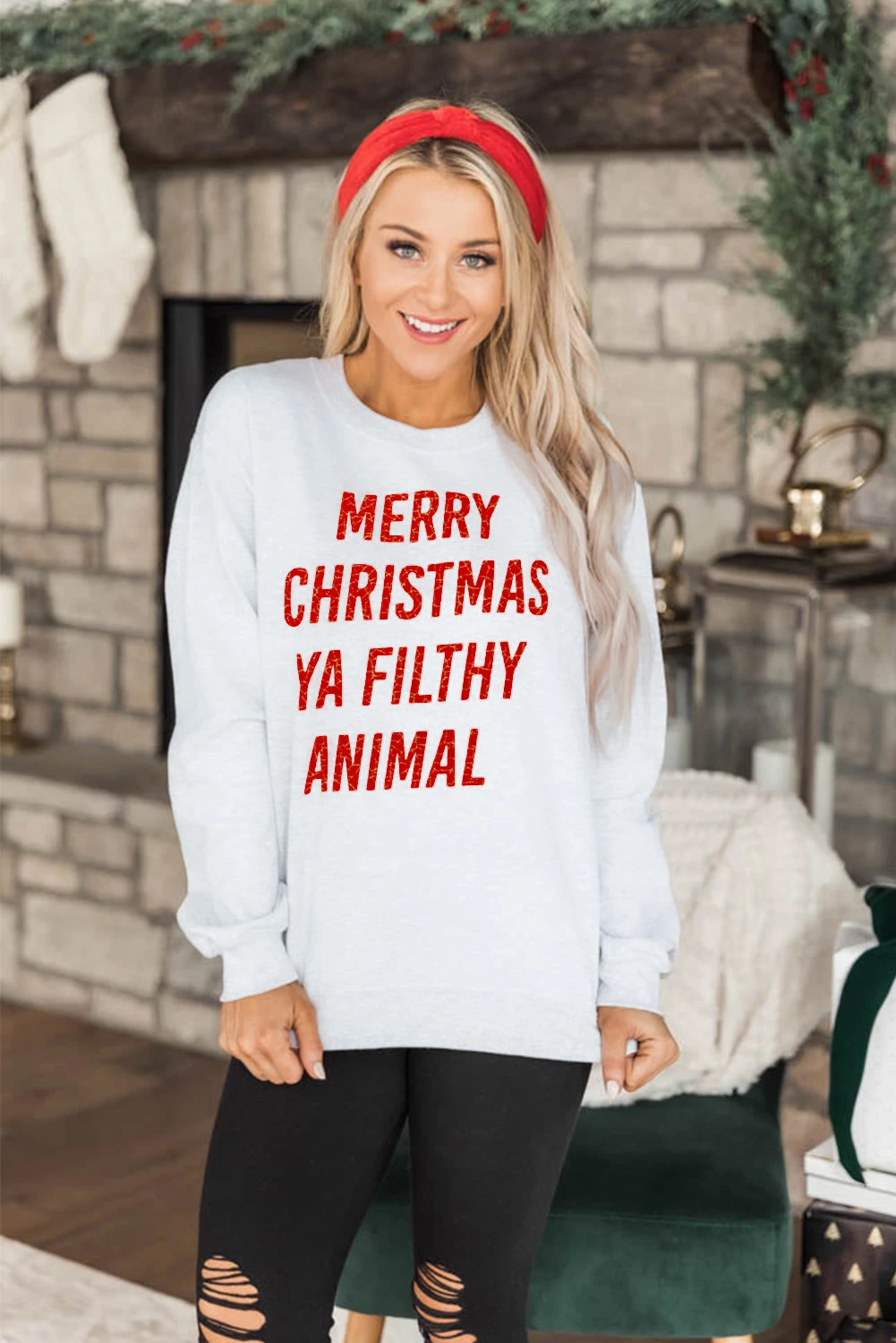 白色 Merry Christmas Ya Filthy Animal 图案运动衫 LC25313648