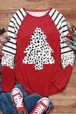 红色豹纹圣诞树条纹拼色长袖上衣