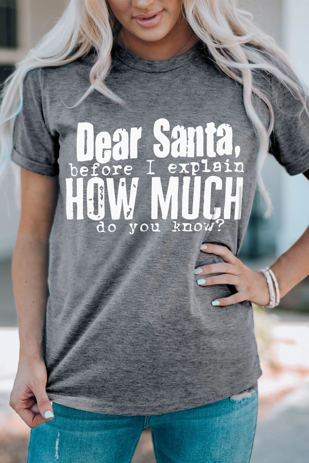 灰色圣诞搞笑语印花短袖 T 恤 LC25218951
