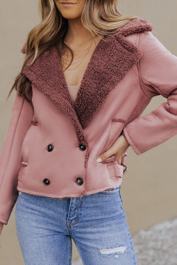 粉色毛绒衬里麂皮短款双排扣大衣