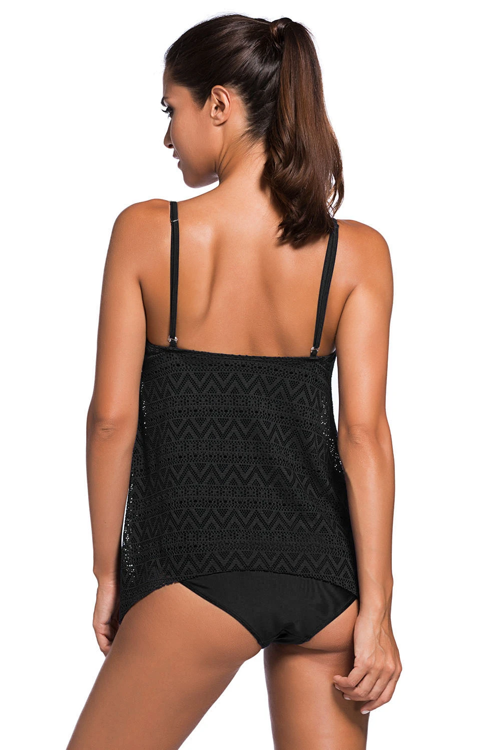 黑色蕾丝覆层细肩带坦基尼泳衣 LC41962