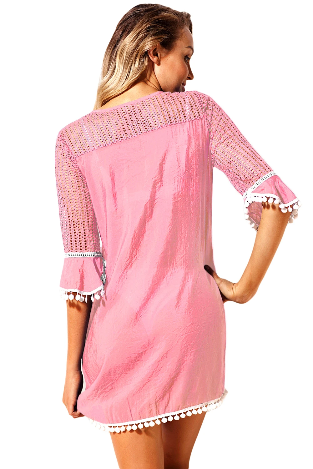 粉色钩针绒球饰边沙滩上衣遮盖罩衫 LC42231