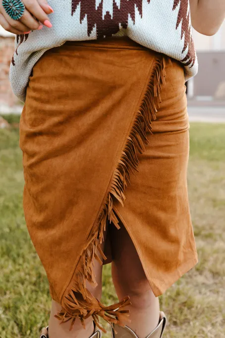 棕色流苏裹身西式中长半身裙