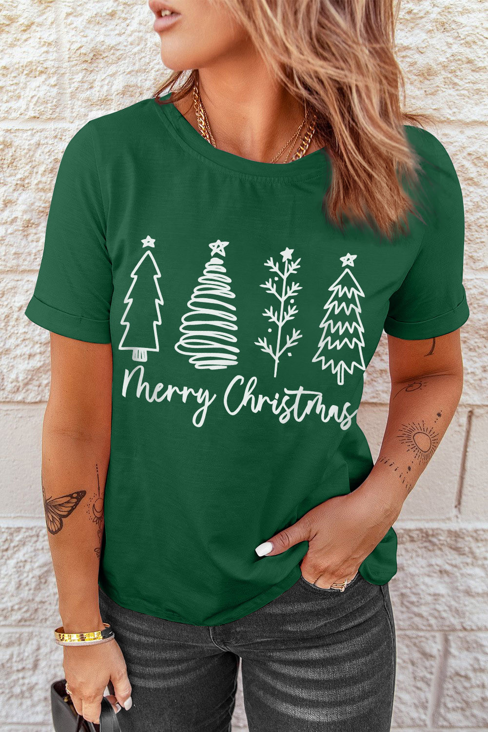 绿色圣诞快乐圣诞树图案印花 T 恤 LC25219077