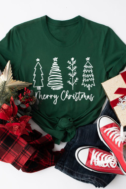 绿色圣诞快乐圣诞树图案印花 T 恤