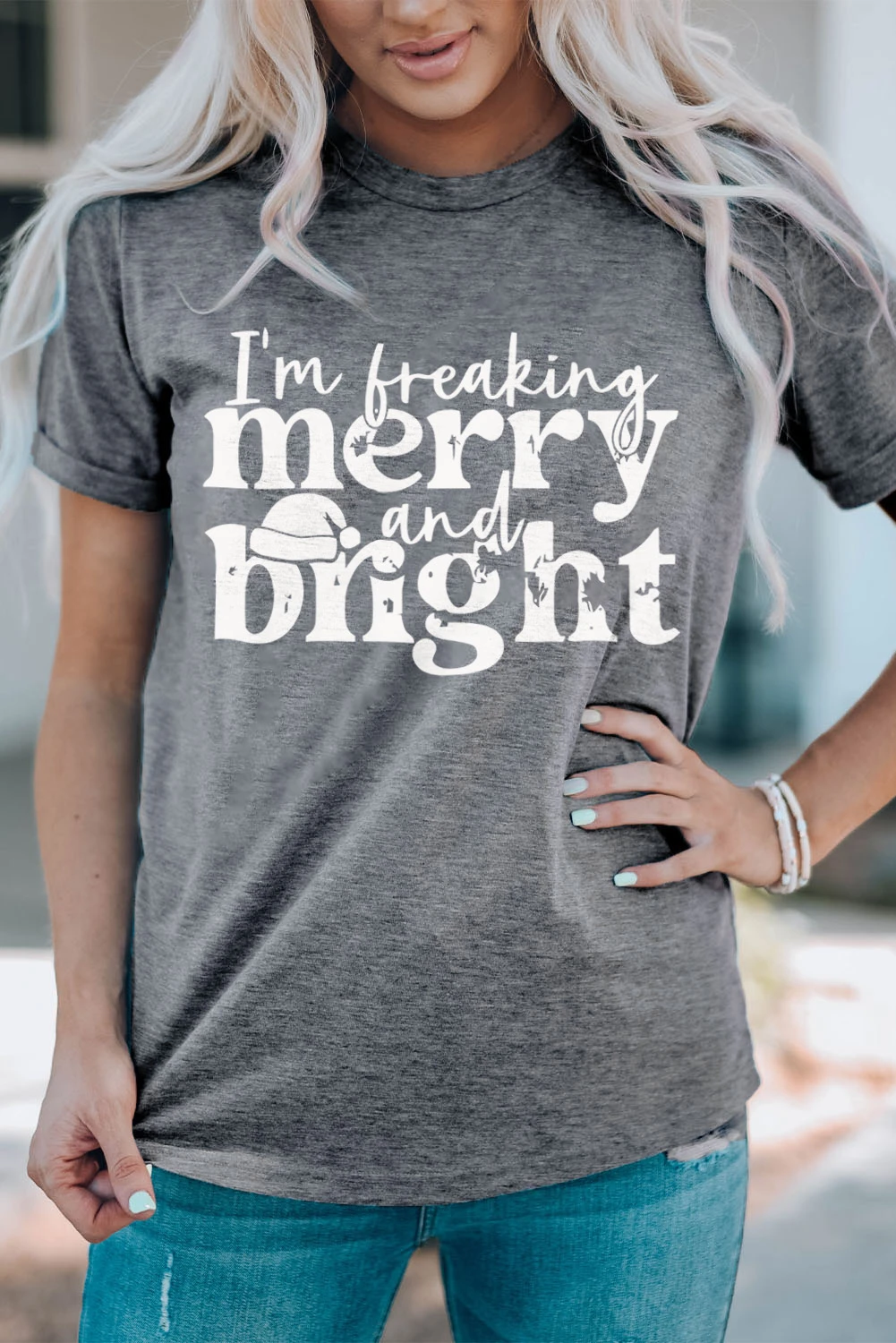 灰色 I`m Freaking Merry And Bright 图案 T 恤 LC25219077