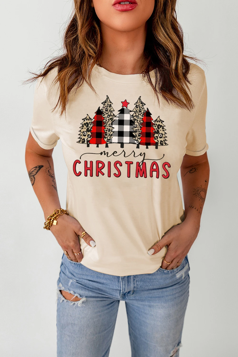 卡其色圣诞格纹豹纹树图案 T 恤 LC25219077