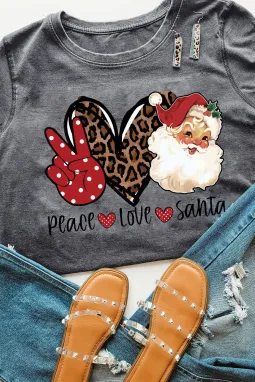 灰色 Peace Love Santa 图案 T 恤