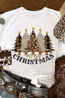 白色 Merry Christmas 豹纹树印花套头衫