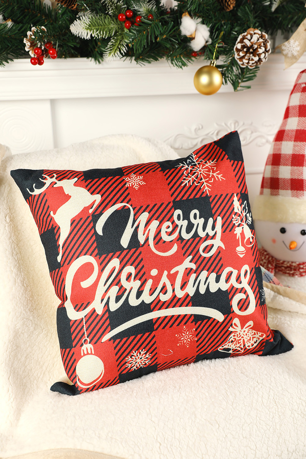 红色格纹圣诞快乐图案印花枕套 BH05422
