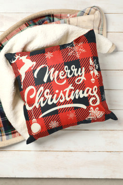 红色格纹圣诞快乐图案印花枕套