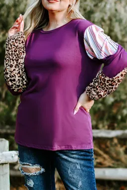 紫色豹纹条纹色块加大码上衣