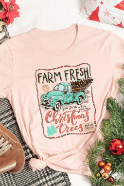 粉色圣诞树卡车图案印花短袖 T 恤