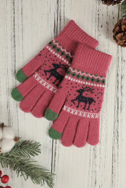 红色圣诞驯鹿冬季针织手套