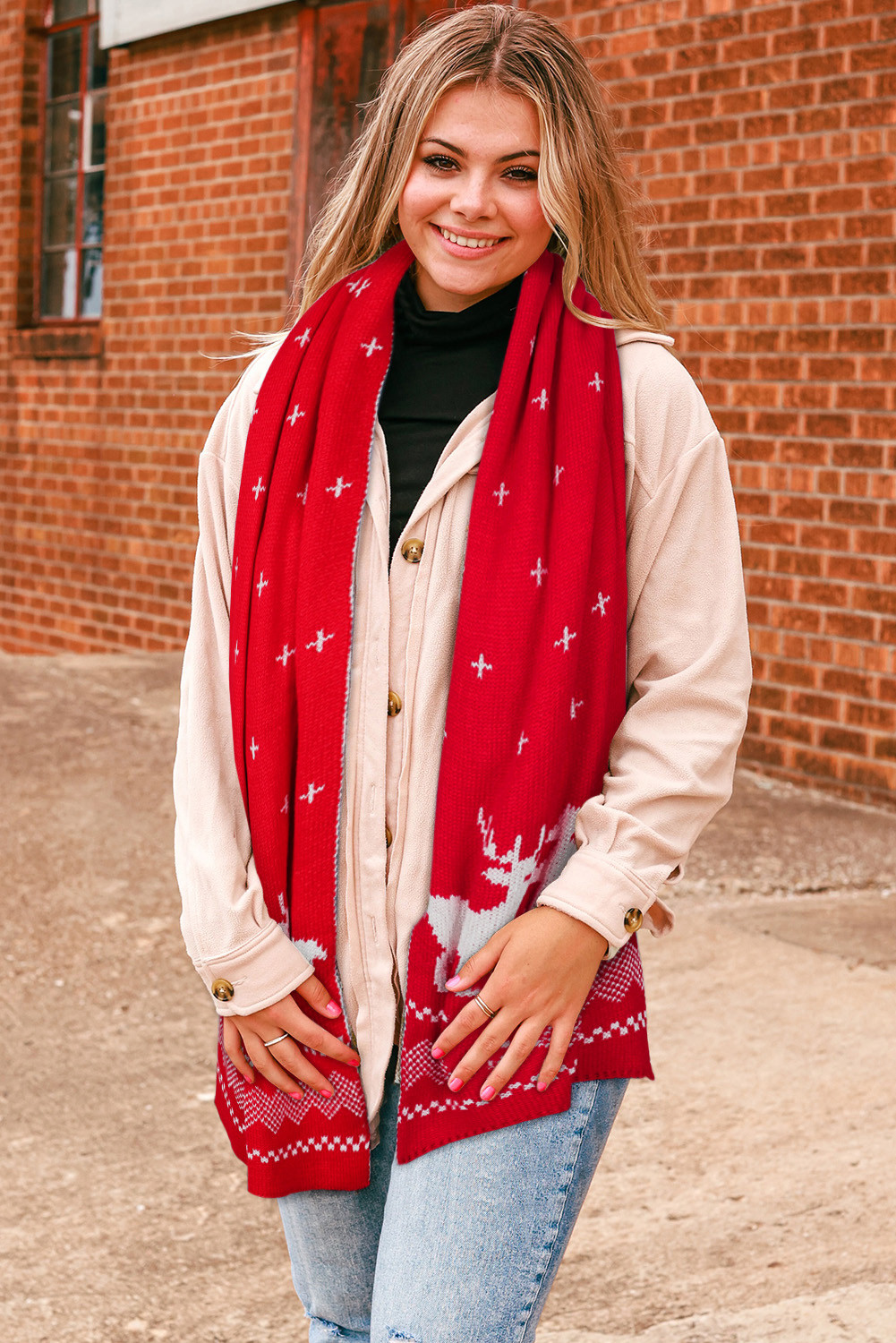 红色圣诞麋鹿针织围巾 BH04113