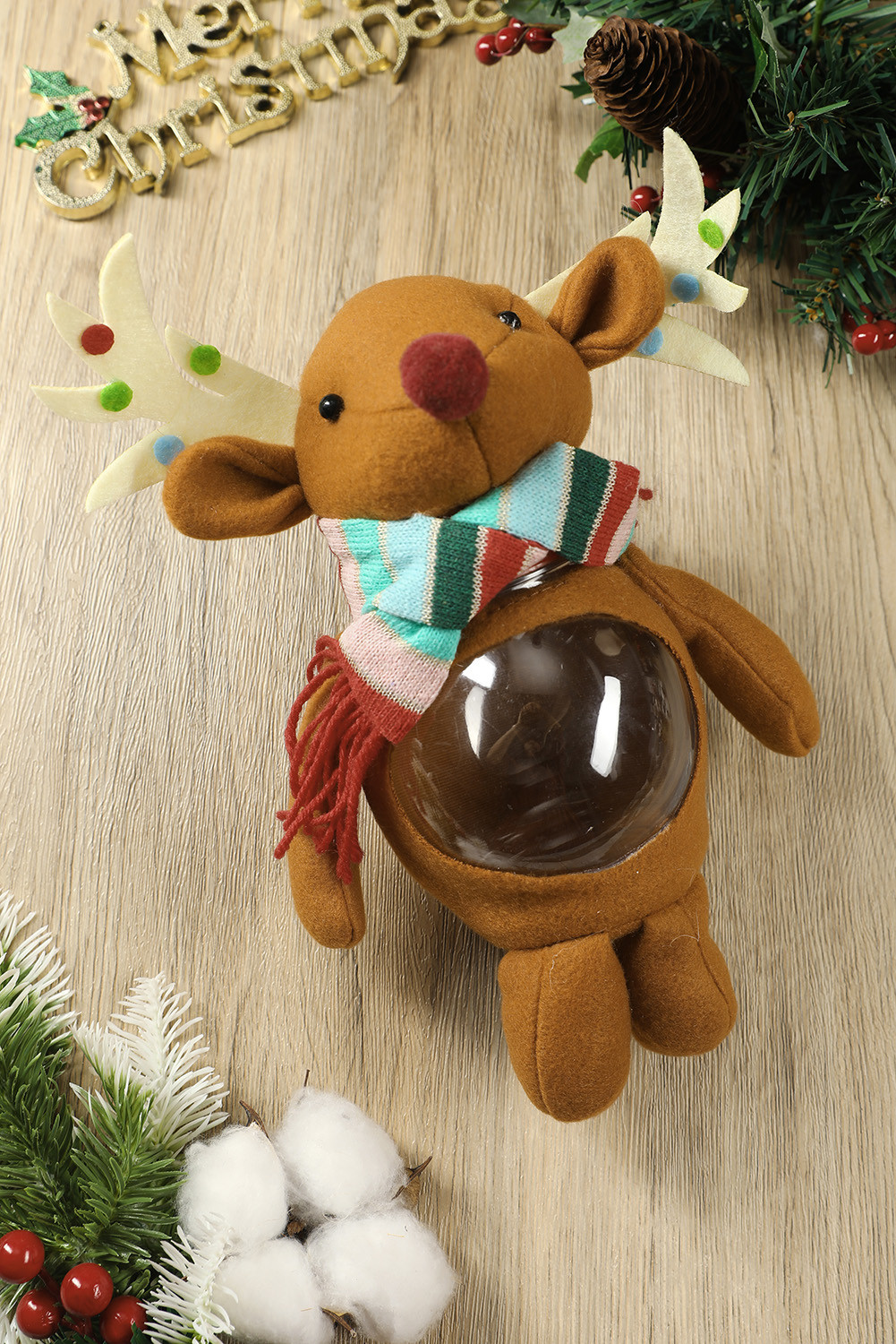 棕色毛绒动物圣诞透明塑料糖果罐 BH05439