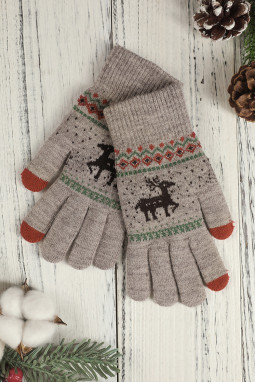 灰色圣诞驯鹿冬季针织手套