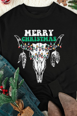 黑色 Merry Christmas 牛头印花图案套头衫