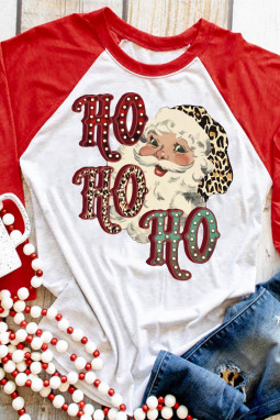 红色 HO HO HO 圣诞老人图案印花拼色上衣