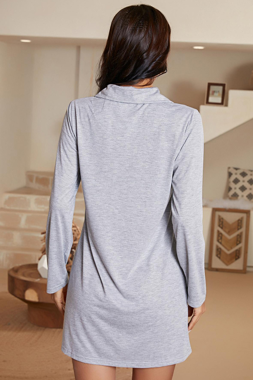 灰色心形印花口袋纽扣衬衫休闲连衣裙 LC16032
