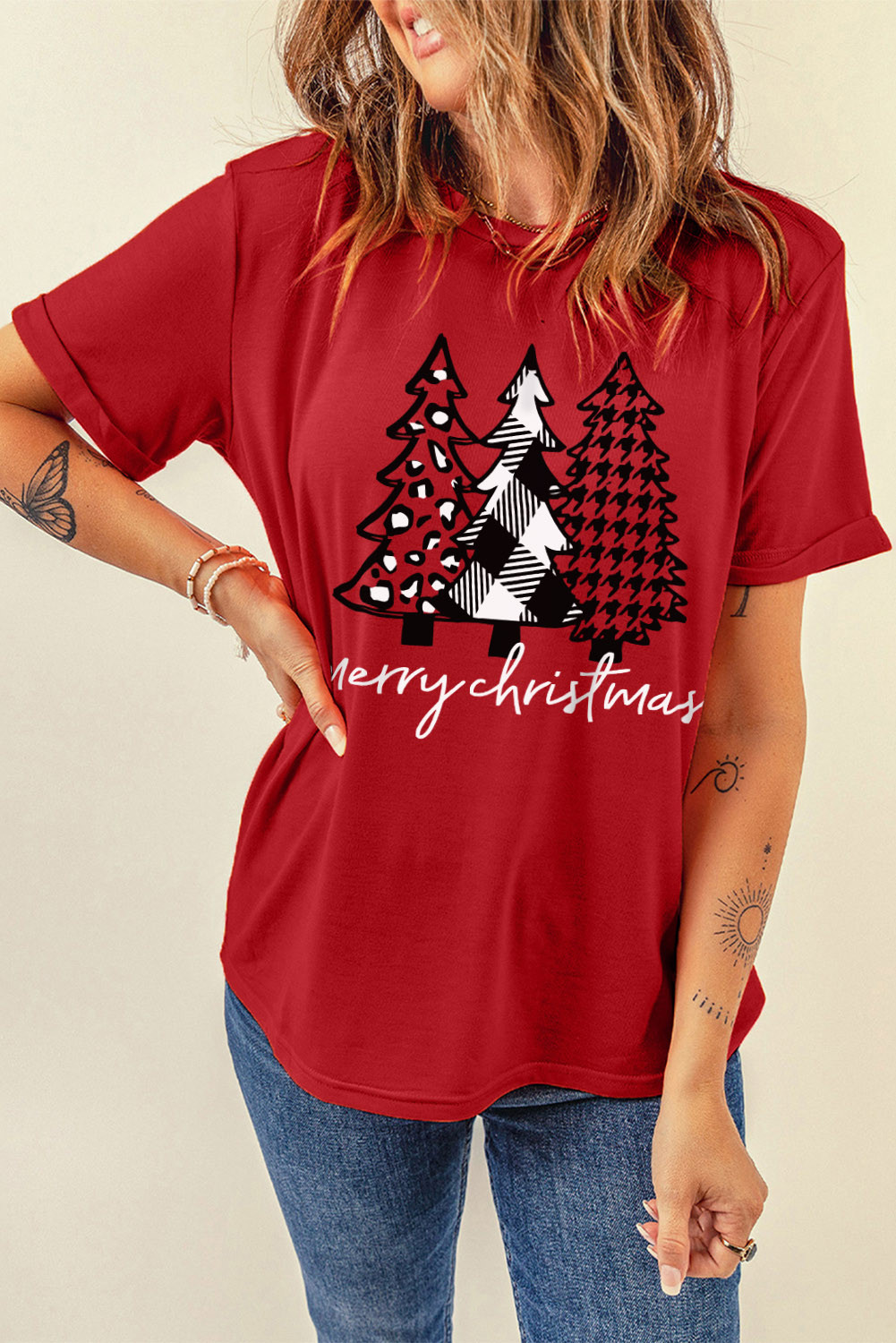 红色 Merry Christmas 字母圣诞树图案印花短袖 T 恤 LC25219168