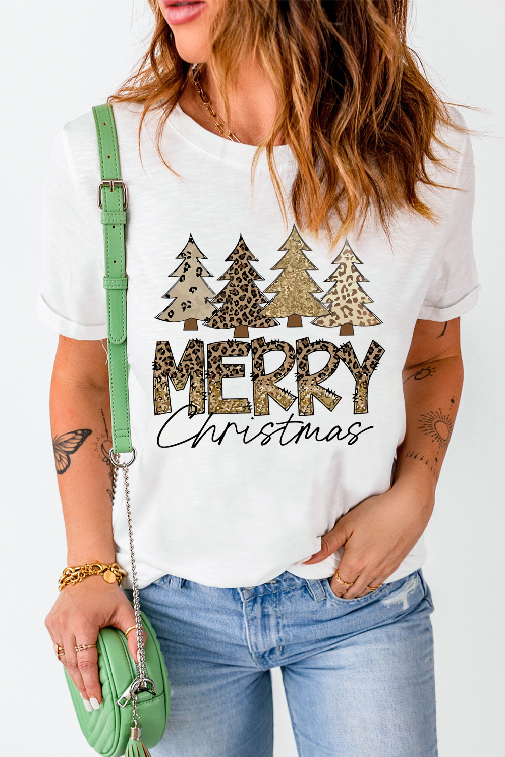 白色 MERRY 圣诞树图案 T 恤 LC25219077