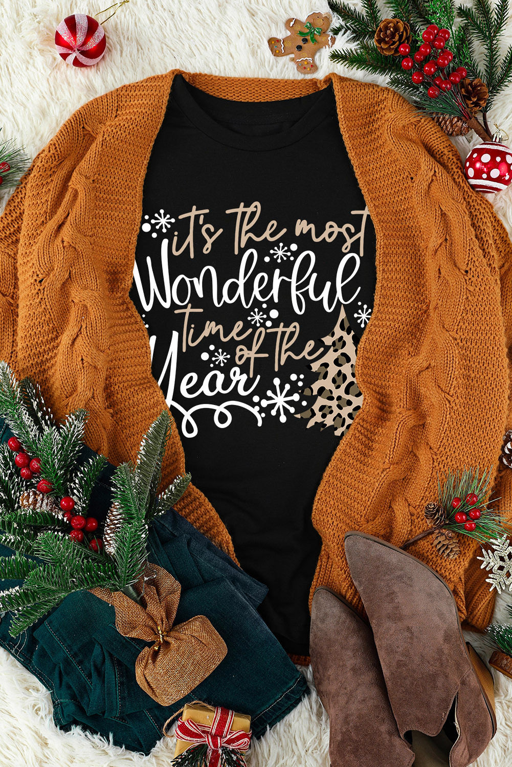 黑色 Wonderful Christmas 字母豹纹图案 T 恤 LC25218976