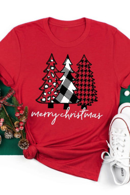 红色 Merry Christmas 字母圣诞树图案印花短袖 T 恤