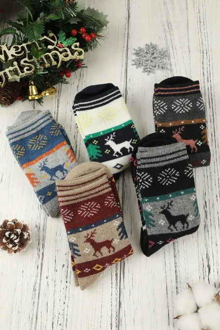 多色 5 双装圣诞驯鹿雪花图案袜子