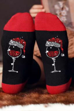黑色闪亮圣诞高脚杯图案舒适中筒袜