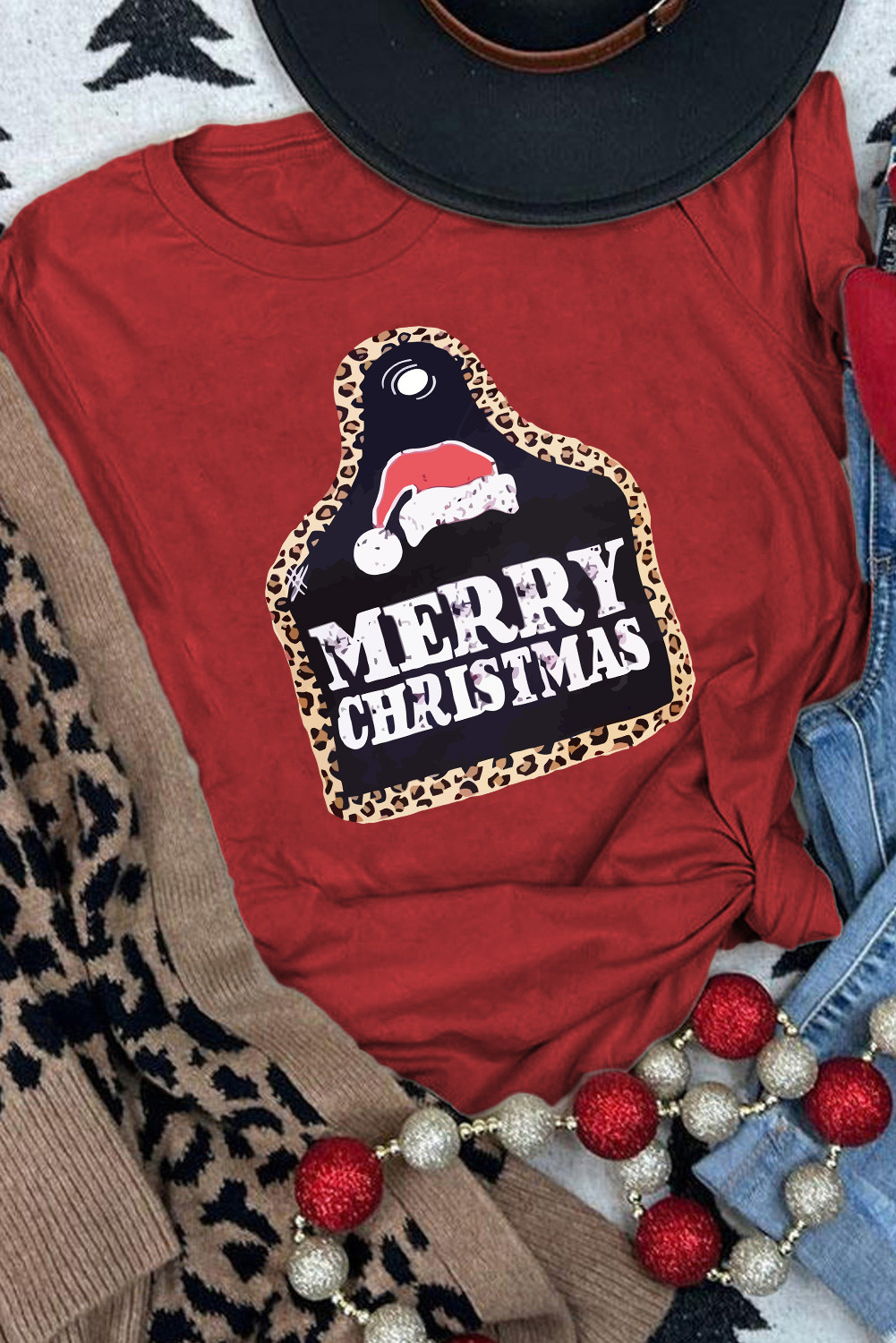 红色 MERRY CHRISTMAS 豹纹图案 T 恤 LC25218976