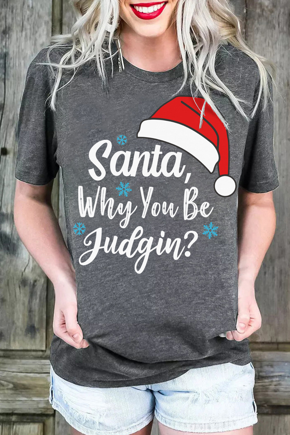 灰色圣诞老人帽雪花字母印花图案 T 恤 LC25219168