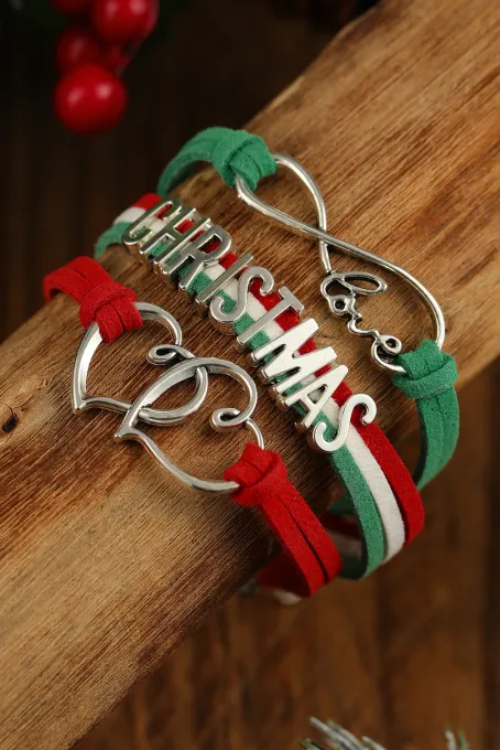 绿色多层编织字母圣诞手链