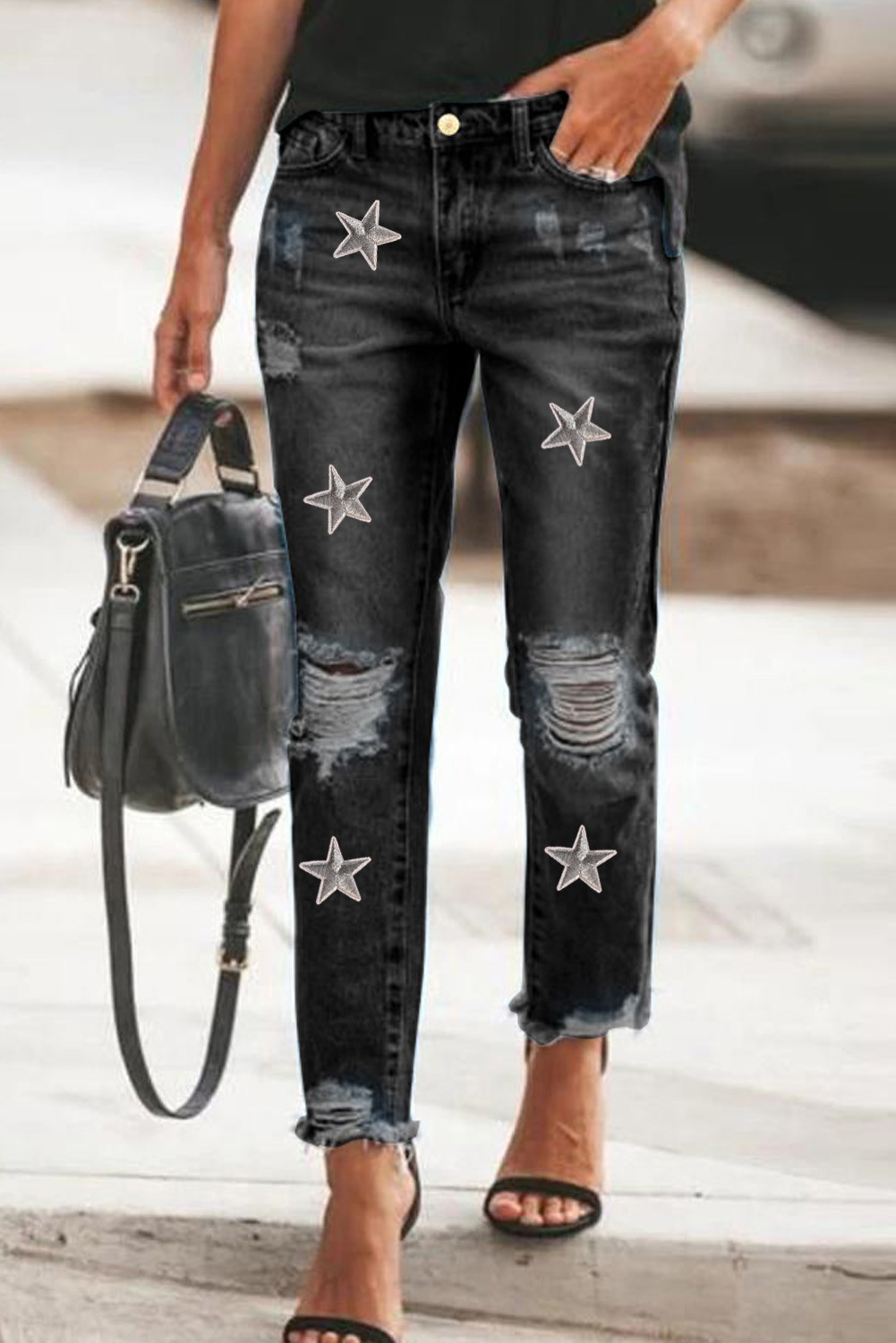黑色星星图案装饰破洞修身牛仔裤 LC78010