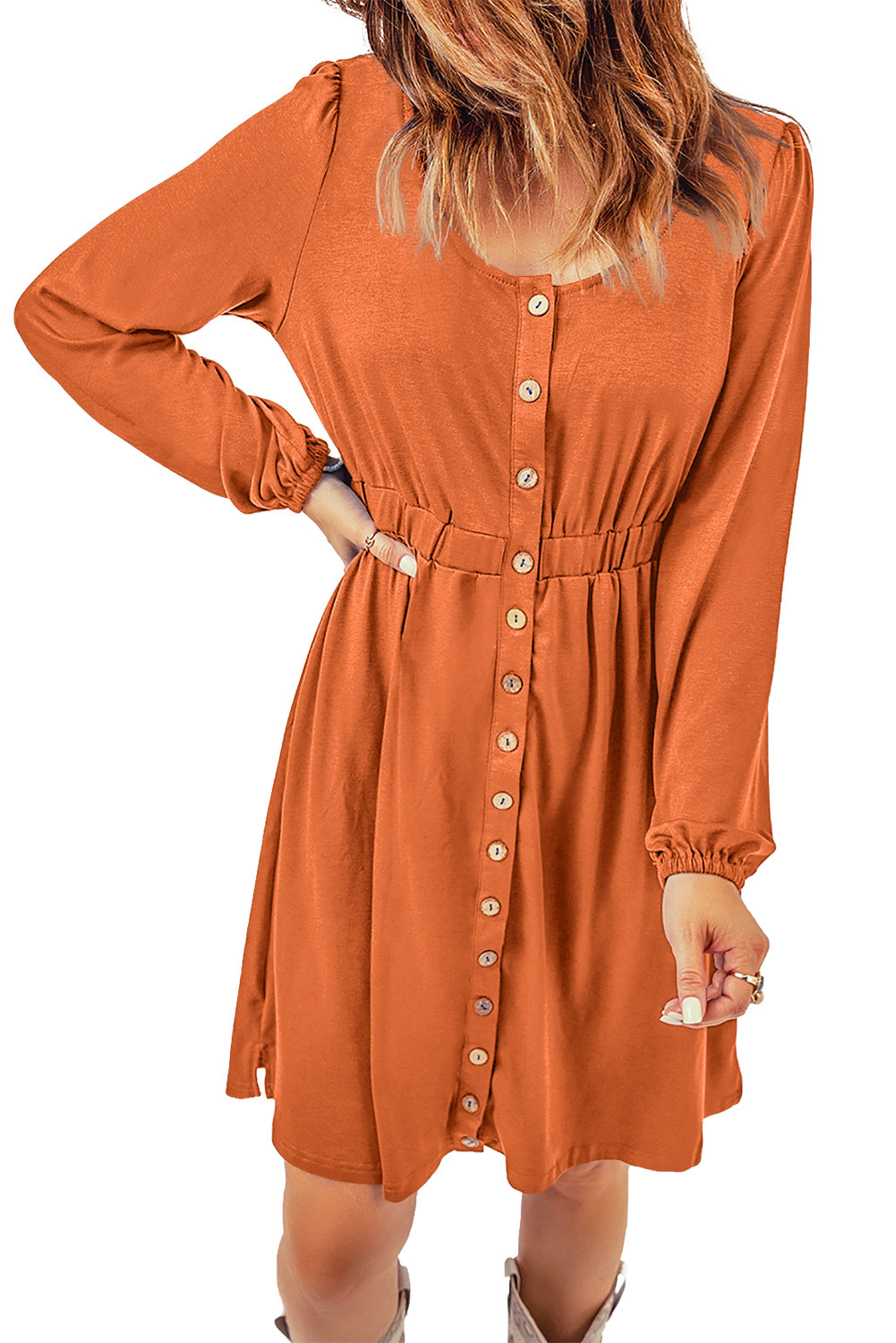 橙色系扣高腰长袖连衣裙 LC6111416