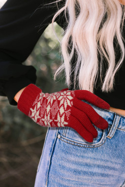 红色雪花针织可触屏手套