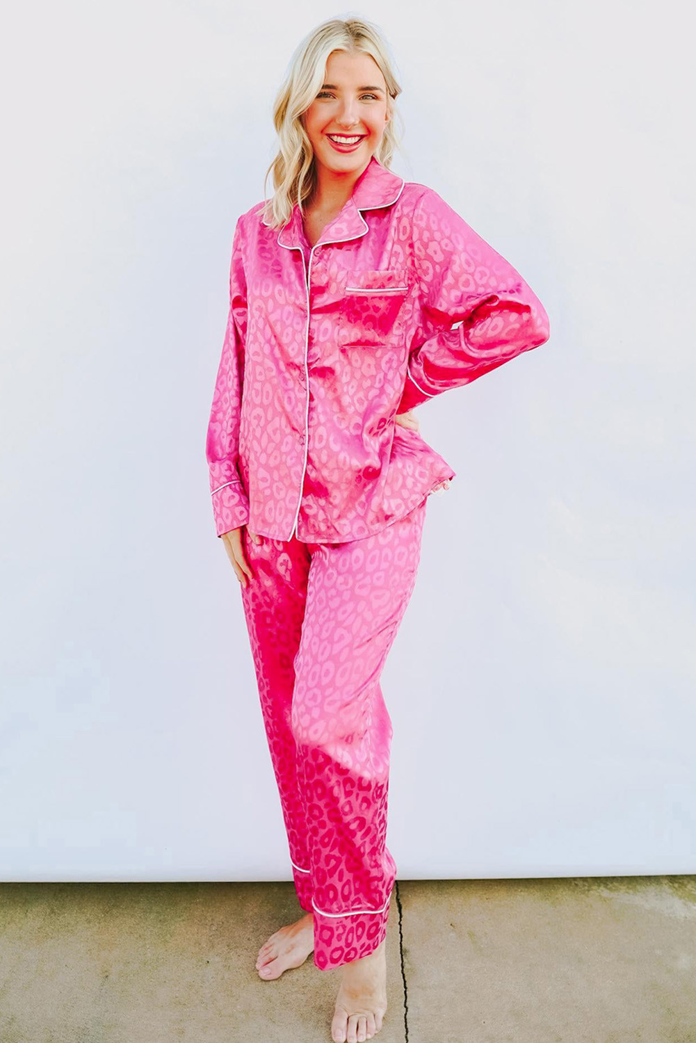 玫粉色2件豹纹缎面长袖睡衣套装 LC15356